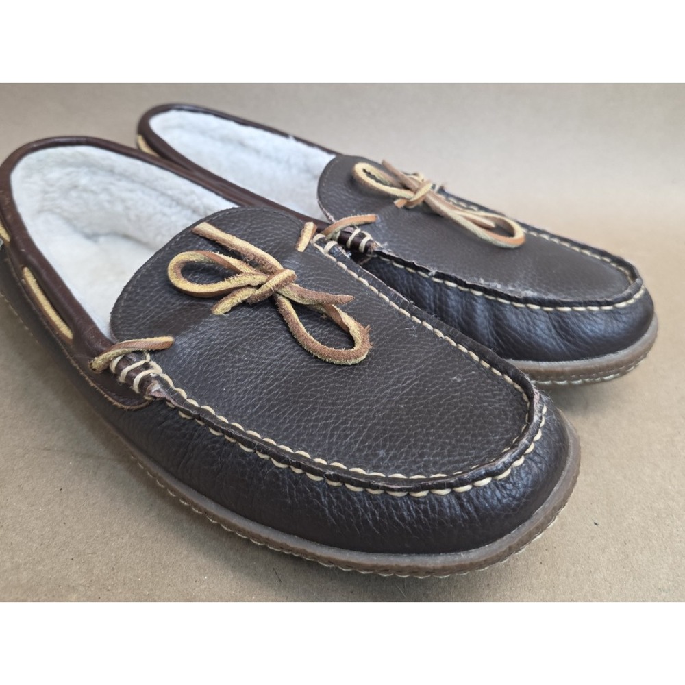 LL Bean Moccasin (Sz 10 M) Slipper Mens Brown Bow Slip On Loafer Leather 212984